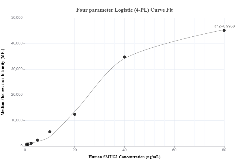 Cytometric bead array standard curve of MP00765-3, SMUG1 Recombinant Matched Antibody Pair, PBS Only. Capture antibody: 83771-4-PBS. Detection antibody: 83771-1-PBS. Standard: Ag13934. Range: 0.625-80 ng/mL.  